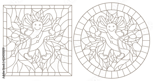 Set of contour illustrations in stained glass style for the New year and Christmas, ginger man, Holly branches and ribbons in the frame, round and square image