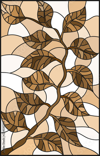 Illustration in stained glass style plant branch with leaves , one brown, sepia 