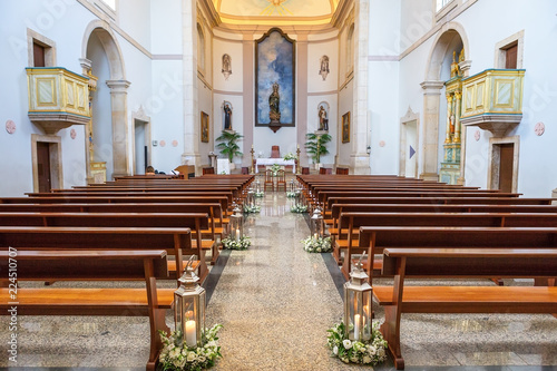 Wedding decorations in the church before the ceremony.