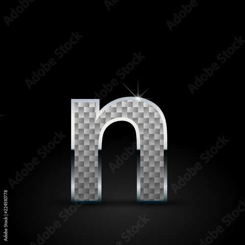 White carbon fiber letter N lowercase with chrome outline isolated on black background