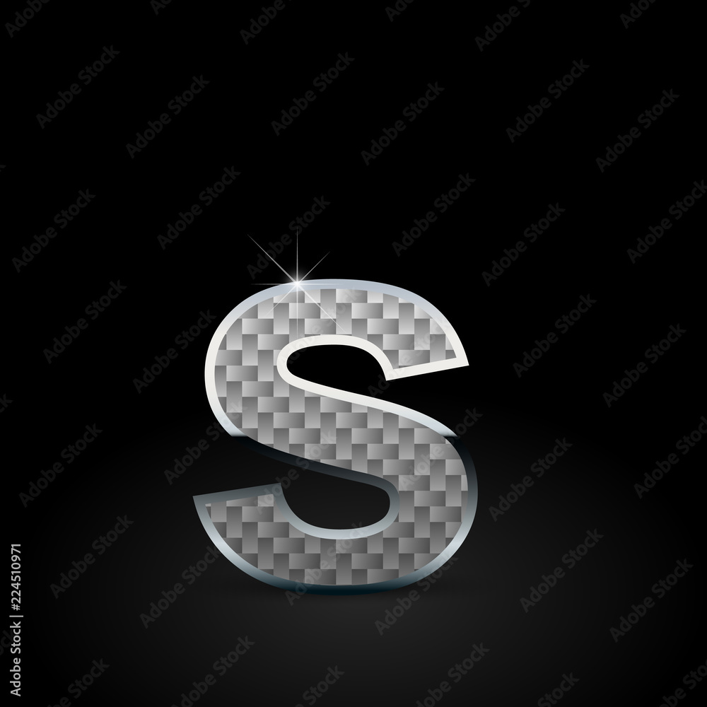 White carbon fiber letter S lowercase with chrome outline isolated on black background White carbon fiber letter S lowercase with chrome outline isolated on black background