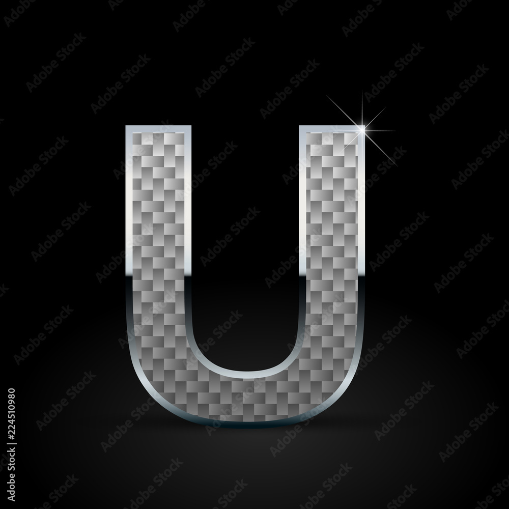 White carbon fiber letter U uppercase with chrome outline isolated on black background White carbon fiber letter U uppercase with chrome outline isolated on black background