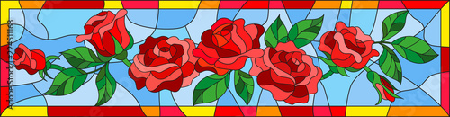 Illustration in stained glass style with abstract red roses and leaves on blue background in bright frame, horizontal orientation