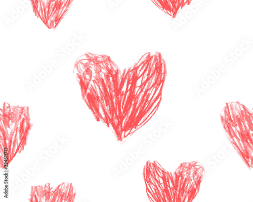 Hand drawn hearts seamless pattern red pencil draw