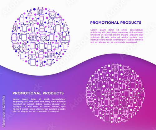 Promotional products concept in circle with thin line icons: notebook, tote bag, sunglasses, t-shirt, water bottle, pen, backpack, usb, lighter, calendar. Vector illustration, print media template.