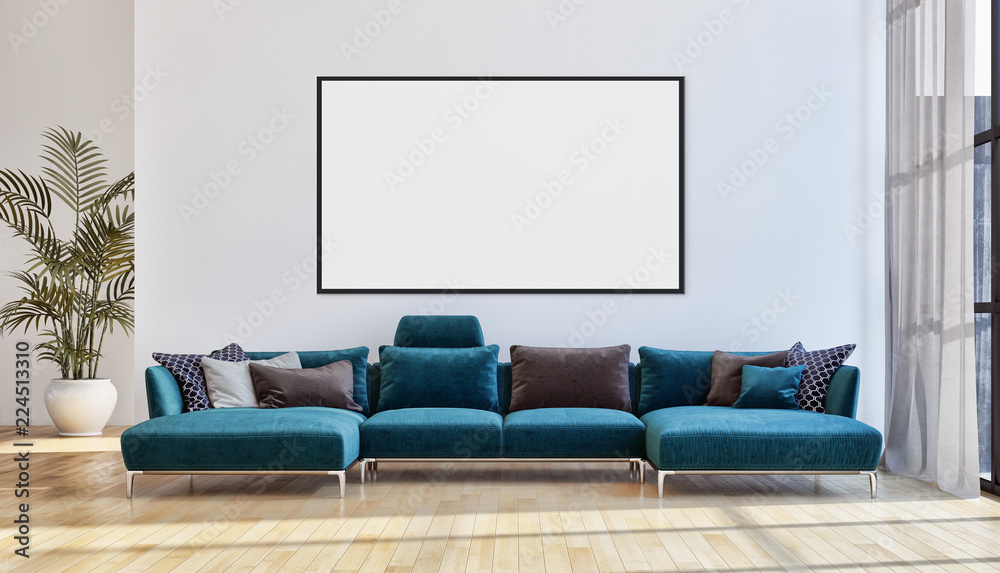 Modern bright interiors apartment with mock up poster frame illustration 3D rendering computer generated image Modern bright interiors apartment with mock up poster frame illustration 3D rendering computer generated image