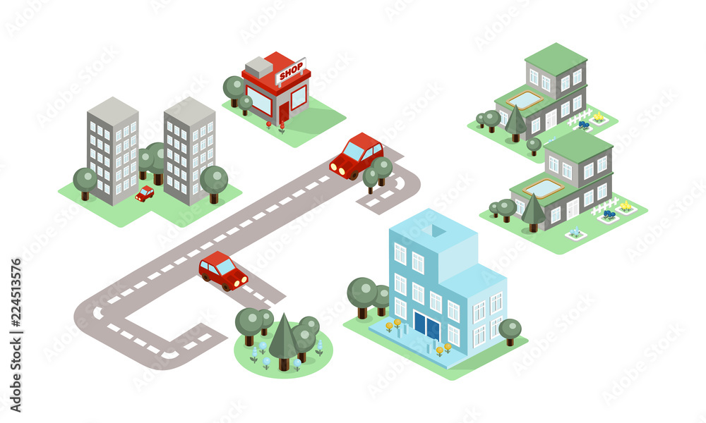 Vector set of isometric city elements. Buildings, trees, road and cars. Design for poster of estate agency or mobile game