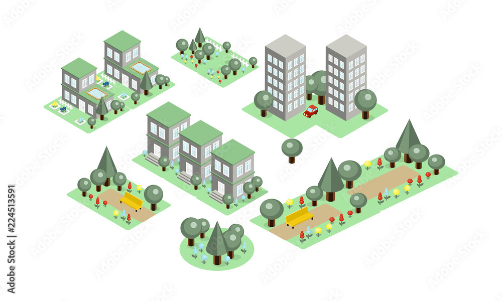 Vector set of isometric city elements. Parks with benches and green trees, private houses and high-rise buildings