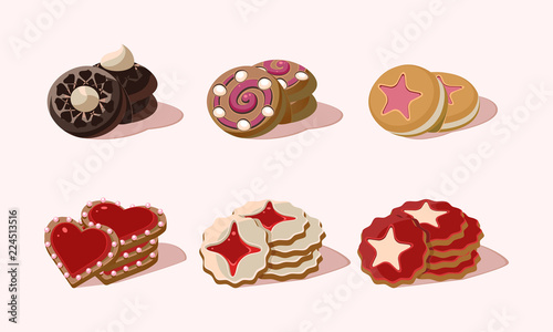 Flat vector set of cookies with different flavours. Delicious snack for breakfast. Sweet food. Graphic elements for bakery shop menu