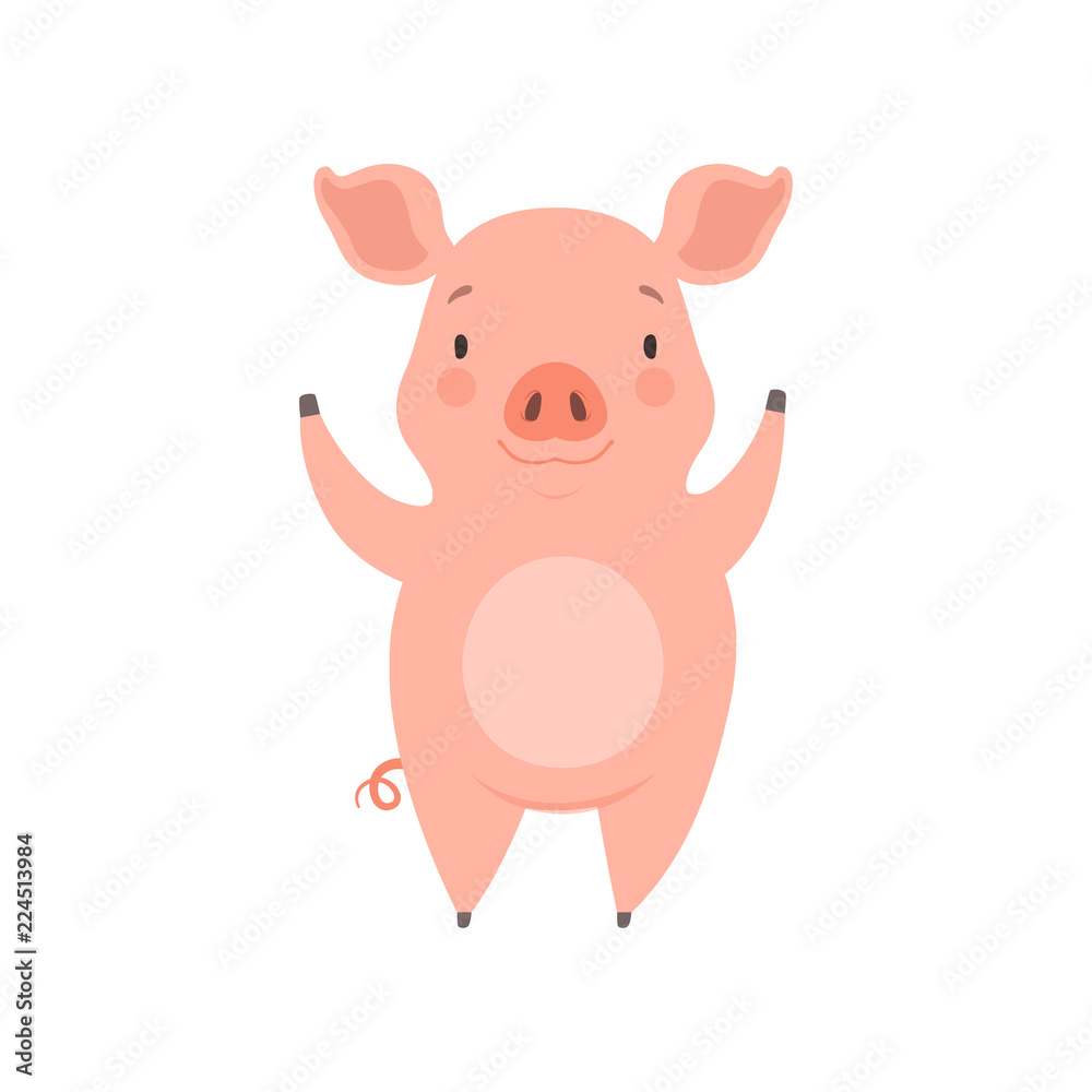 Fototapeta premium Cute cheerful little pig, funny piglet cartoon character vector Illustration on a white background