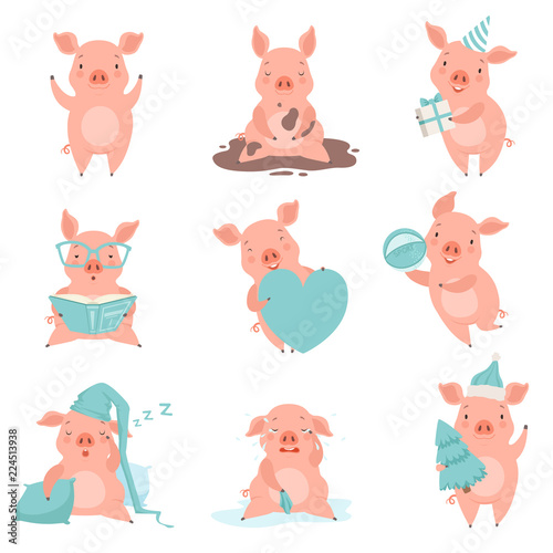 Cute cheerful little pink pigs set, funny piglets cartoon characters in different situations vector Illustration on a white background