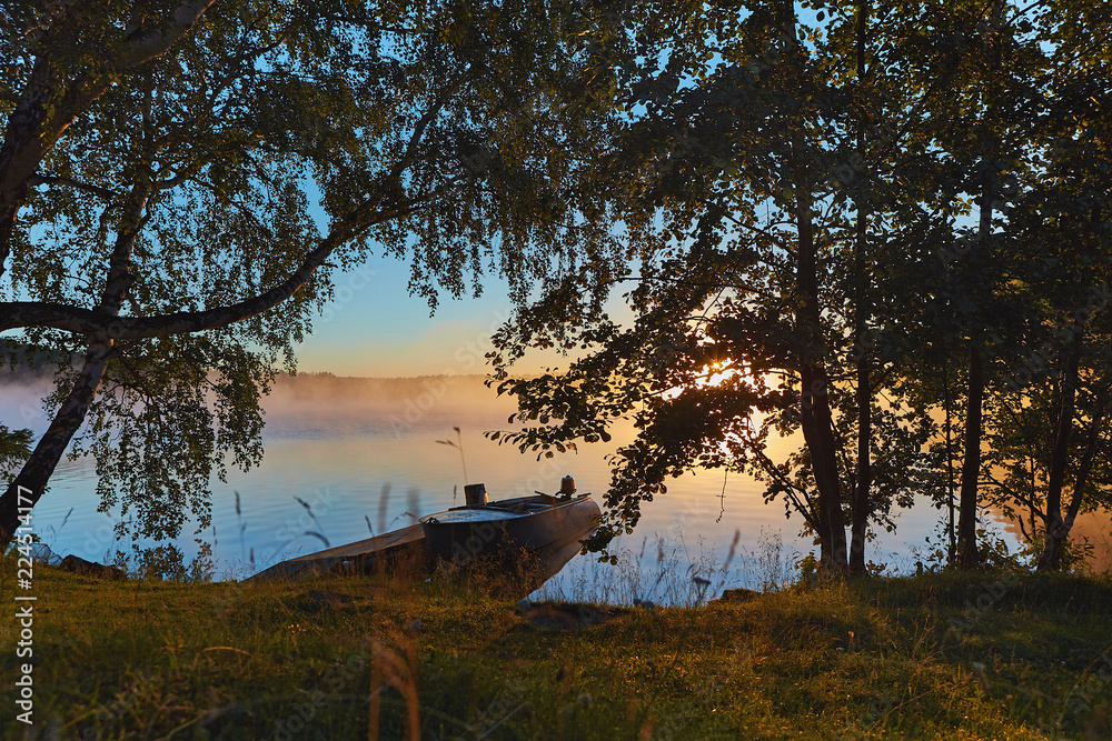 Fototapeta Peaceful morning landscape with fog and boats
