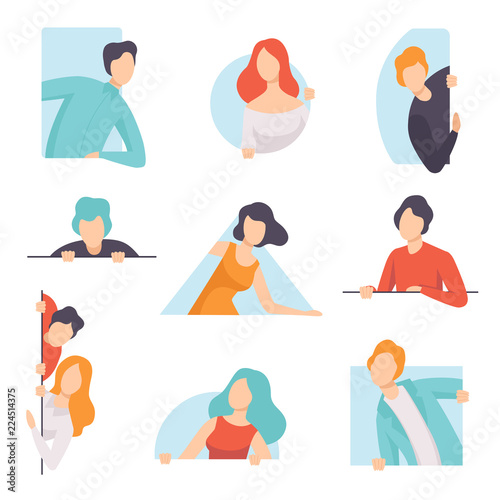People peeping set, young men and women looking out of windows vector Illustration on a white background