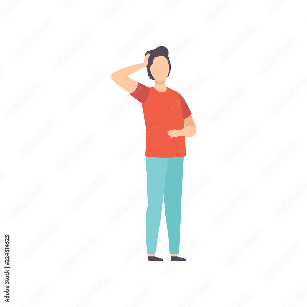 Young man thinking of something scratching his head vector Illustration on a white background