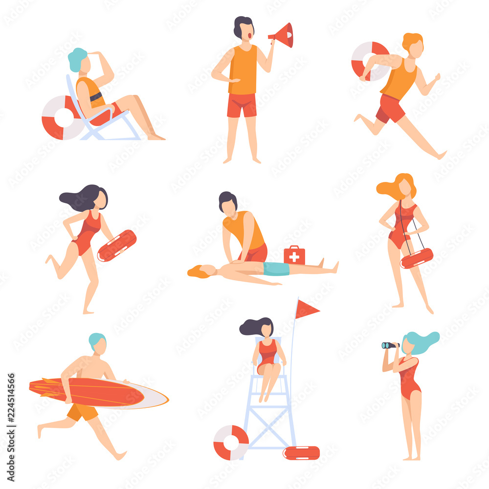 Lifeguards on duty set, male and female professional rescuer character working on the beach vector Illustration on a white background Lifeguards on duty set, male and female professional rescuer character working on the beach vector Illustration on a white background