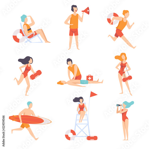 Lifeguards on duty set, male and female professional rescuer character working on the beach vector Illustration on a white background