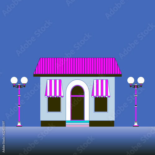 Vector flat house with shop. Lanterns at dusk