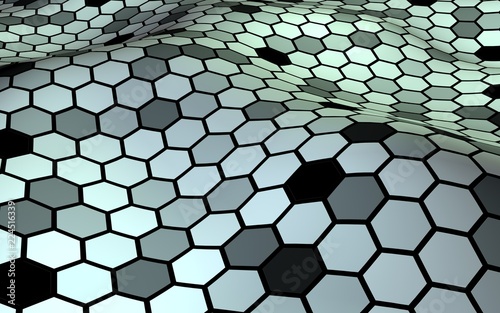 Honeycomb with a gradient color. Perspective view on polygon look like honeycomb. Wavy surface. Isometric geometry. 3D illustration photo