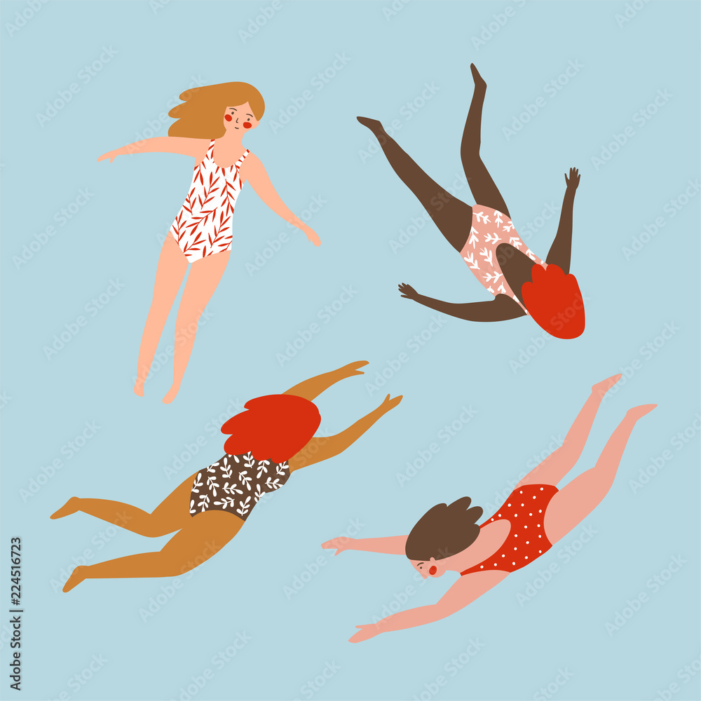 A set of figures of young girls in swimsuits of different nationalities. Cute vector illustration in hand drawn style. Swimming collection. - obrazy, fototapety, plakaty 