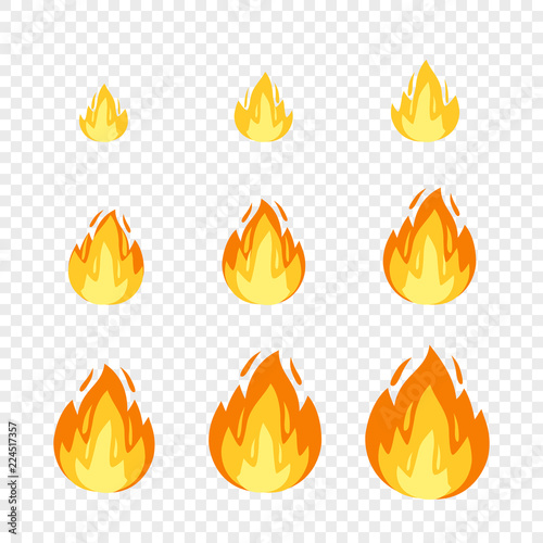 Vector fire sprites illustration for animation frames. Use in game development, mobile games or motion graphic. Bonfire, burning, explosion, torch, campfire on transparent background