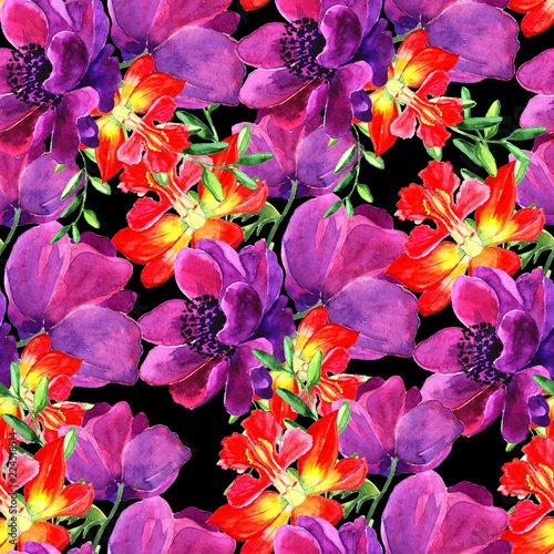 eamless pattern. Floral pattern on a black background. Flowers drawn by hand in watercolor.