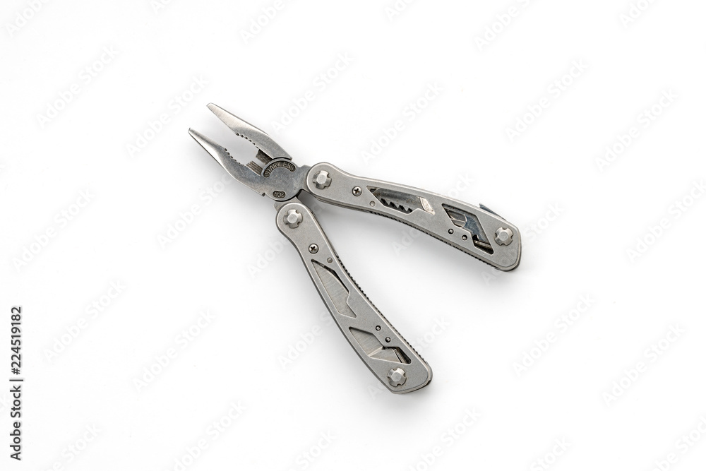 close up of a multitool, isolated on white close up of a multitool, isolated on white