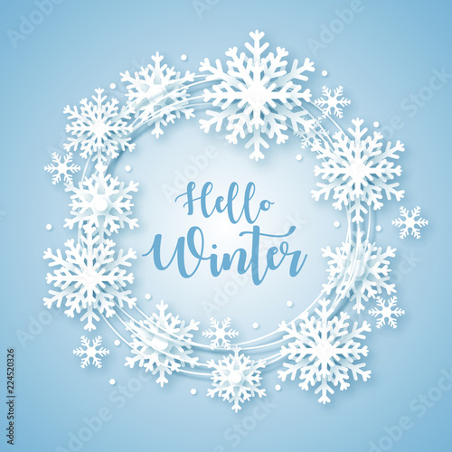 Hello Winter design background. Origami snowfall. Vector Illustration.