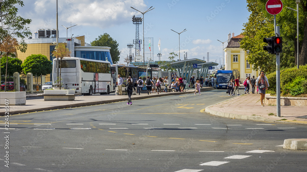 urban landscape of a bus station and people waiting for public transport in Bourgas/Bulgaria/09.20.2018/Editorial used only. Urban architecture and infrastructure of a European city.