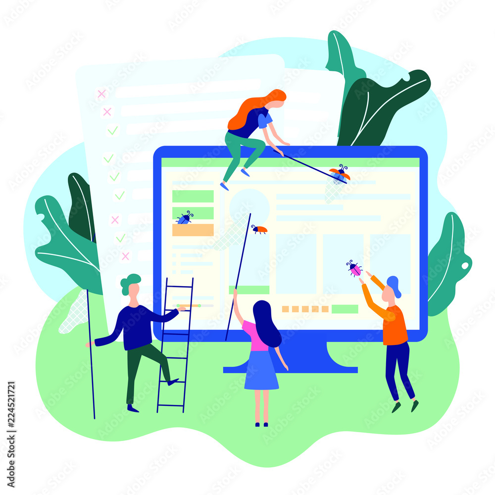 People catching bugs on the web page. IT software application testing, quality  assurance, QA team and bug fixing concept. Vector illustration in cartoon  and flat style Stock Vector | Adobe Stock