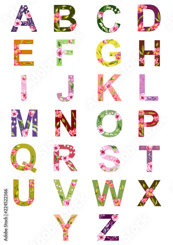 English alphabet made from watercolor flowers, sketsh