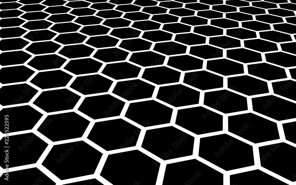 Obraz premium White honeycomb on a black background. Perspective view on polygon look like honeycomb. Isometric geometry. 3D illustration