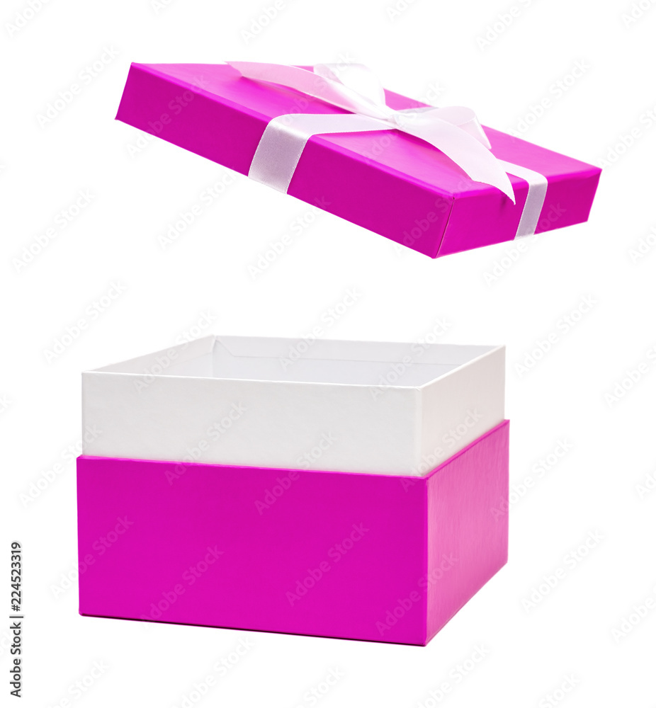 Open purple gift box with ribbon bow Open purple gift box with ribbon bow