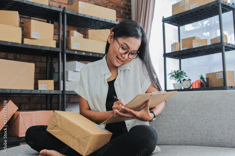 Portrait of asian businesswoman with smartphone work at home Portrait of asian businesswoman with smartphone work at home