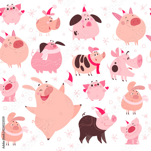 Vector flat seamless pattern with christmas snow flake elements and funny pig in santa hat characters design isolated on white background. Perfect for cards, packaging paper, decoration etc.