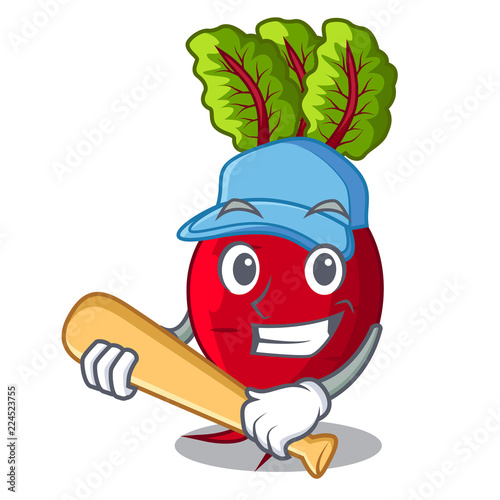 Playing baseball cartoon fresh harvested beetroots in wooden crate