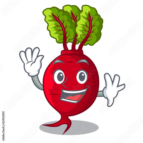Waving character organic beetroot in the garden