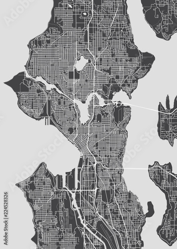 City map Seattle, monochrome detailed plan, vector illustration