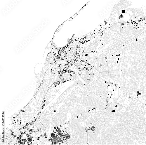 Cartina di Luanda, vista satellitare, mappa in bianco e nero. Stradario e mappa della città. Angola. Africa