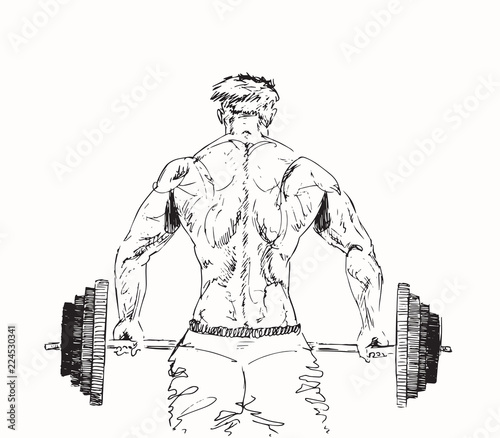 A man holding a heavy barbell, pumping muscles, back view, hand drawn doodle, sketch black and white outline vector illustration