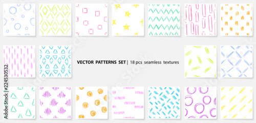 Scribble patterns set. Doodles backgrounds. Quirky sketches. Scrawl elements. Hand drawn effect vector. Pen lines. Simple strokes seamless textures.
