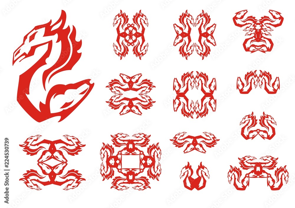 Dragon and horse double flaming abstract symbols. Aggressive unusual ...