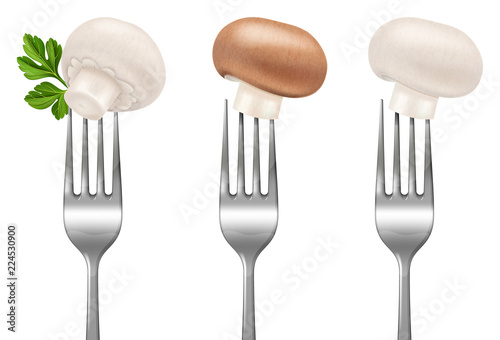 Mushrooms on a steel fork. Vector illustration.