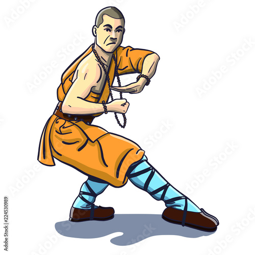 isolated vector comic shaolin monk in kung fu pose. traditional asian clothes photo