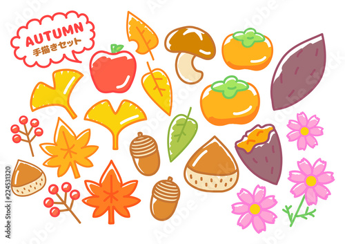 Autumn illustration material Handwriting style set