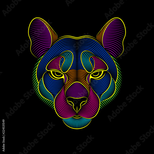Engraving of stylized psychedelic puma on black background
