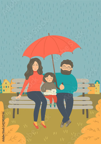 Family in the rain. Mother, father and baby girl sitting on the bench with umbrella in the rain. Vector illustration.