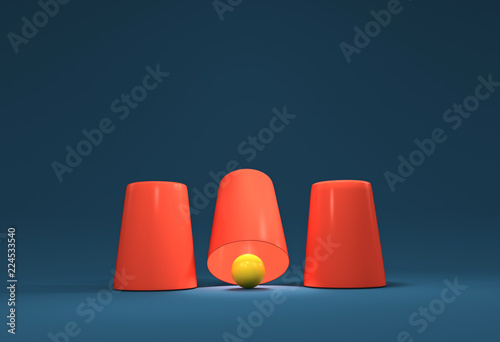 3D render Illustration. A shell game: three thimbles and a ball. photo