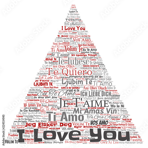Vector conceptual sweet romantic I love you multilingual message triangle arrow word cloud isolated background. Collage of valentine day, romance affection,  happy emotion or passion lovely concept