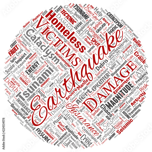 Vector conceptual earthquake activity round circle red word cloud isolated background. Collage of natural seismic tectonic crust tremble, violent tsunami waves risk, tectonic plates shifting concept