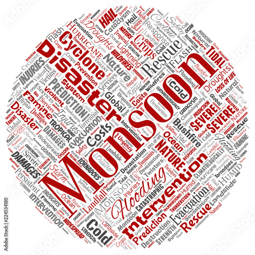 Vector conceptual monsoon dangerous weather round circle red meteorology word cloud isolated background. Collage of tropical dramatic storm force, strong wind blowing, rain hail thunderstorm concept